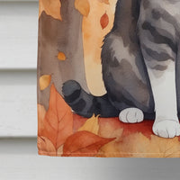 American Wirehair Cat in Fall Leaves House Flag