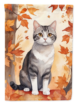 American Wirehair Cat in Fall Leaves House Flag