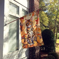 Bengal Cat in Fall Leaves House Flag