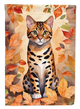 Bengal Cat in Fall Leaves House Flag