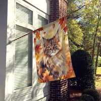 British Longhair Cat in Fall Leaves House Flag