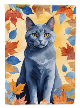 Chartreux Cat in Fall Leaves House Flag