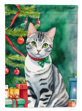 American Shorthair Cat By the Christmas Tree Garden Flag