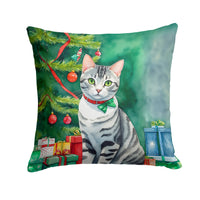 American Shorthair Cat By the Christmas Tree Throw Pillow