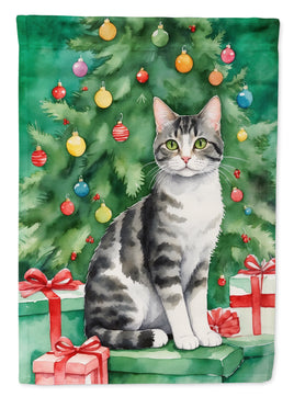 American Wirehair Cat By the Christmas Tree House Flag