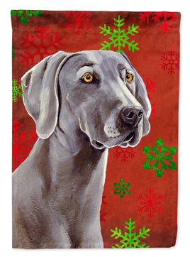 Weimaraner Red and Green Snowflakes Holiday Christmas Flag Garden Size