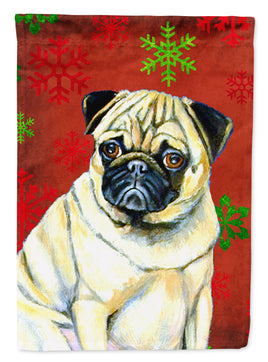 Pug Red and Green Snowflakes Holiday Christmas Flag Garden Size