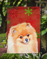 Pomeranian Red and Green Snowflakes Holiday Christmas Flag Garden Size