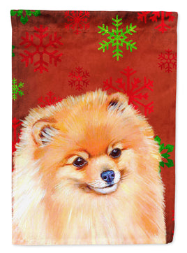 Pomeranian Red and Green Snowflakes Holiday Christmas Flag Garden Size