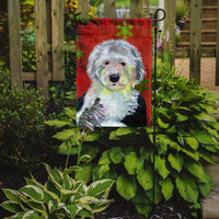 Old English Sheepdog Red  Green Snowflakes Holiday Christmas Flag Garden Size