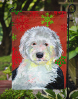 Old English Sheepdog Red  Green Snowflakes Holiday Christmas Flag Garden Size