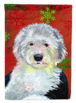 Old English Sheepdog Red  Green Snowflakes Holiday Christmas Flag Garden Size