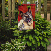 Norwegian Elkhound Red and Green Snowflakes Holiday Christmas Flag Garden Size