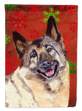 Norwegian Elkhound Red and Green Snowflakes Holiday Christmas Flag Garden Size