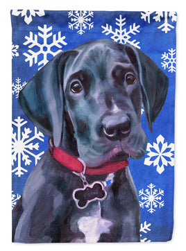 Black Great Dane Puppy Winter Snowflakes Holiday Flag Canvas House Size LH9586CHF