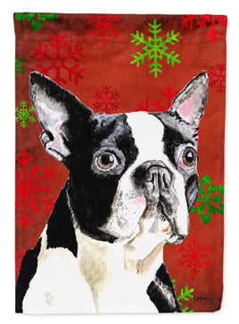 Boston Terrier Red  Green Snowflakes Holiday Christmas Flag Canvas House Size