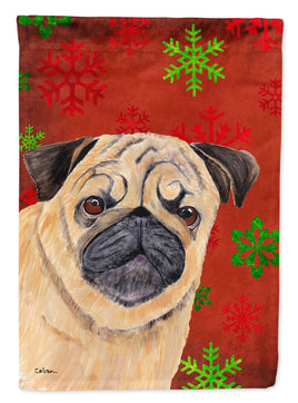 Pug Red and Green Snowflakes Holiday Christmas Flag Canvas House Size