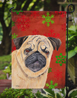 Pug Red and Green Snowflakes Holiday Christmas Flag Garden Size