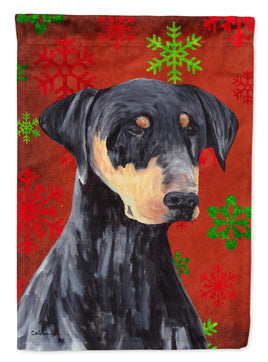 Doberman Red and Green Snowflakes Holiday Christmas Flag Canvas House Size