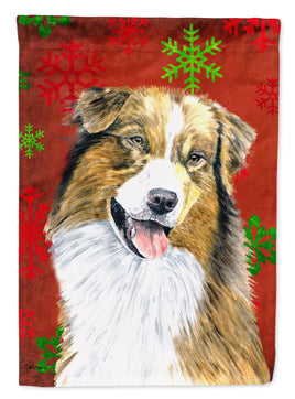 Australian Shepherd Red and Green Snowflakes Holiday Christmas Flag  House Size