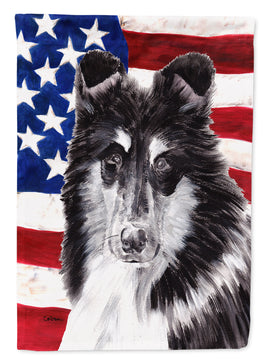 Black and White Collie with American Flag USA Flag Canvas House Size SC9630CHF