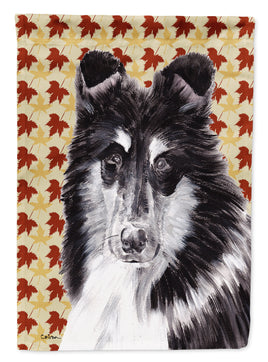 Black and White Collie Fall Leaves Flag Canvas House Size SC9678CHF