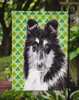 Black and White Collie Lucky Shamrock St. Patrick's Day Flag Garden Size