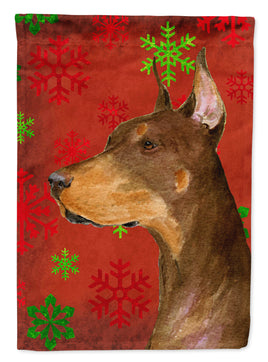 Doberman Red and Green Snowflakes Holiday Christmas Flag Garden Size