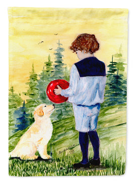 Little Boy with his Golden Retriever Flag Canvas House Size