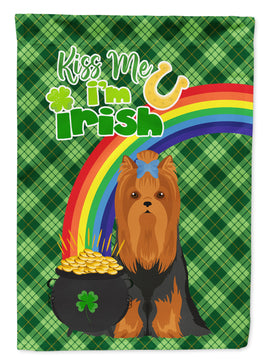 Black and Tan Full Coat Yorkshire Terrier St. Patrick's Day Flag Garden Size