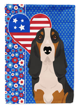 Black Tricolor Basset Hound USA American Flag Garden Size