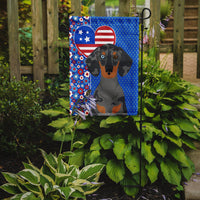 Black Dapple Dachshund USA American Flag Garden Size