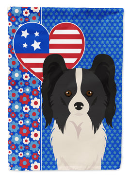 Black and White Papillon USA American Flag Garden Size