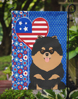 Black and Tan Pomeranian USA American Flag Garden Size