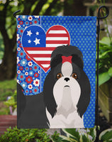 Black and White Shih Tzu USA American Flag Garden Size