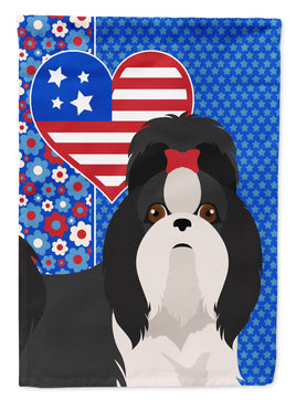 Black and White Shih Tzu USA American Flag Garden Size