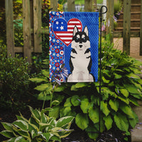 Black Siberian Husky USA American Flag Garden Size