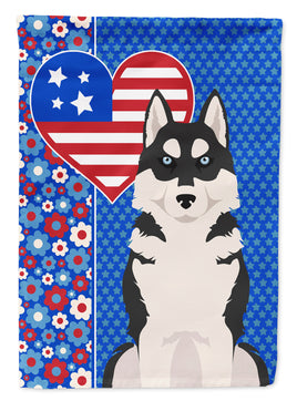 Black Siberian Husky USA American Flag Garden Size