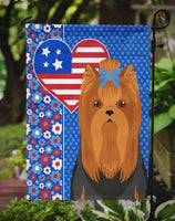 Black and Tan Full Coat Yorkshire Terrier USA American Flag Garden Size