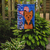 Black and Tan Puppy Cut Yorkshire Terrier USA American Flag Garden Size