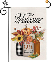 Welcome Fall Garden Flag 12×18 Inch, Floral Thankful Sunflower Vase Garden Flag Double Sided, Autumn Pumpkin Small Yard Flag Decor Thanksgiving Pumpkin Outdoor