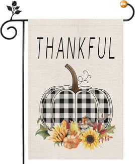 Thankful Fall Garden Flag 12 X 18 Inch, Watercolor Buffalo Check Plaid Pumpkin Garden Flag Double Sized, Autumn Garden Flag Decor Farmhouse Thanksgiving Harvest