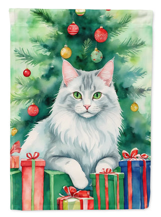 Turkish Angora Cat by the Christmas Tree House Flag