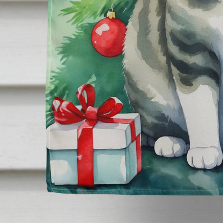 Korean Bobtail Cat by the Christmas Tree House Flag