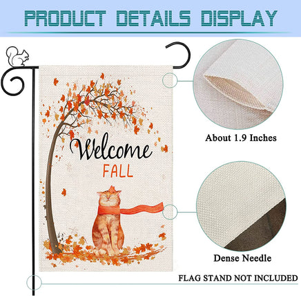 Welcome Fall Garden Flag, Double Sided Rustic Cat Maple Leaves House Flag Small Burlap Porch Sign for Autumn Holiday Home Farmhouse Outdoor 12×18 Inch