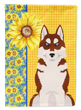 Summer Sunflowers Red Siberian Husky House Flag