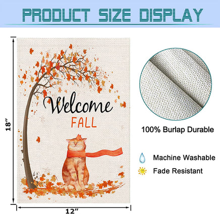 Welcome Fall Garden Flag, Double Sided Rustic Cat Maple Leaves House Flag Small Burlap Porch Sign for Autumn Holiday Home Farmhouse Outdoor 12×18 Inch