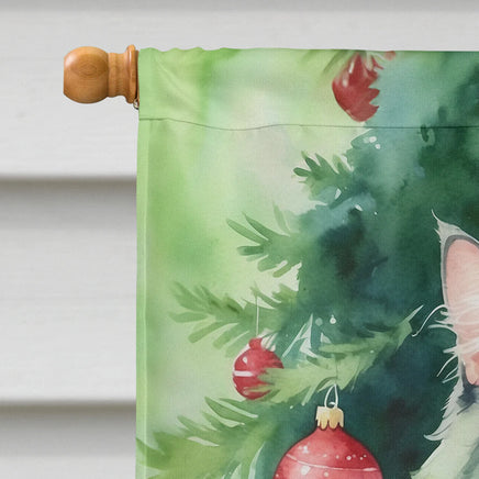 Oriental Longhair Cat by the Christmas Tree House Flag