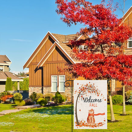 Welcome Fall Garden Flag, Double Sided Rustic Cat Maple Leaves House Flag Small Burlap Porch Sign for Autumn Holiday Home Farmhouse Outdoor 12×18 Inch