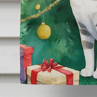 European Shorthair Cat by the Christmas Tree House Flag